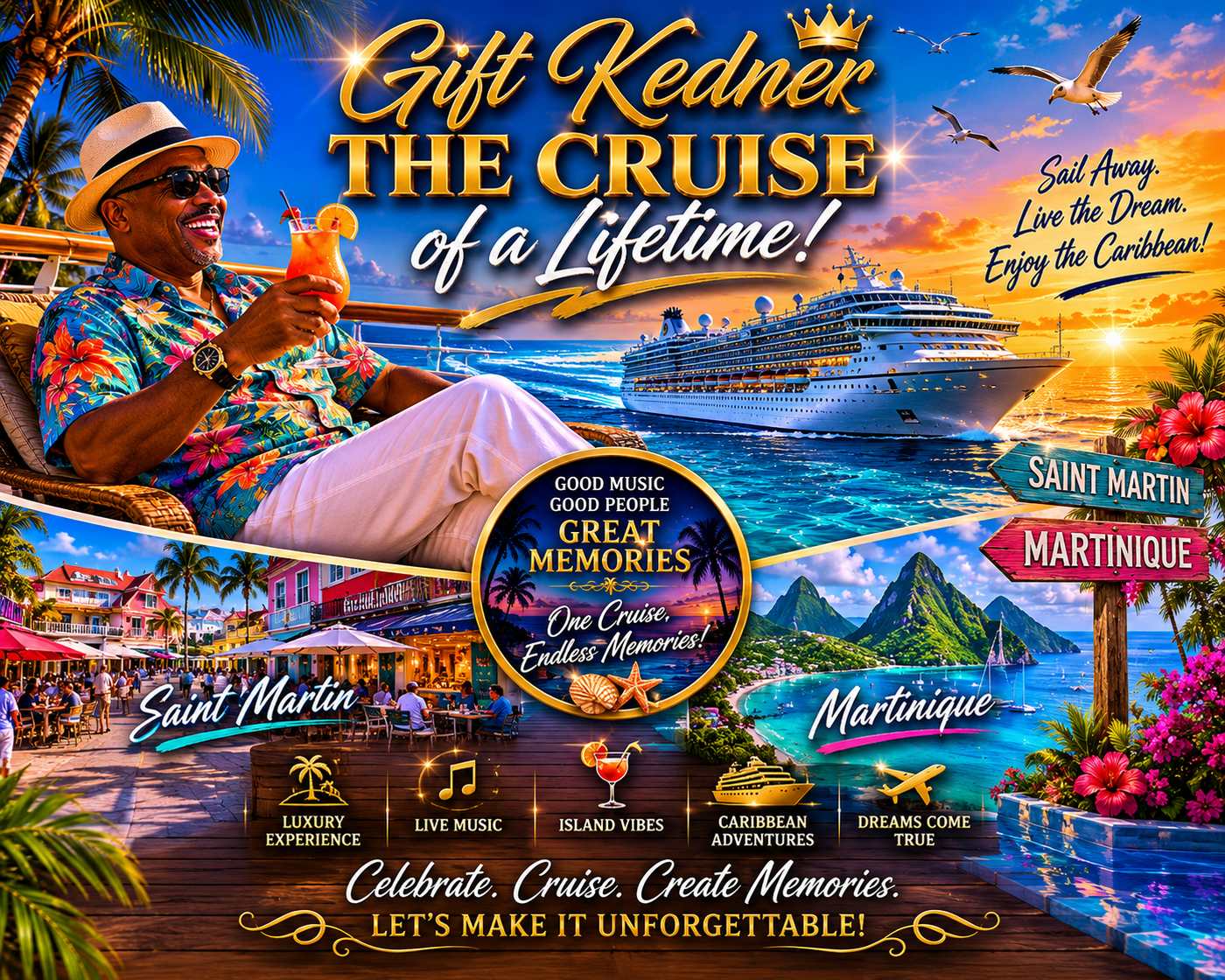 Promotional art of Kedner enjoying a tropical drink with a luxury cruise ship and the Saint Martin / Martinique destinations behind him.