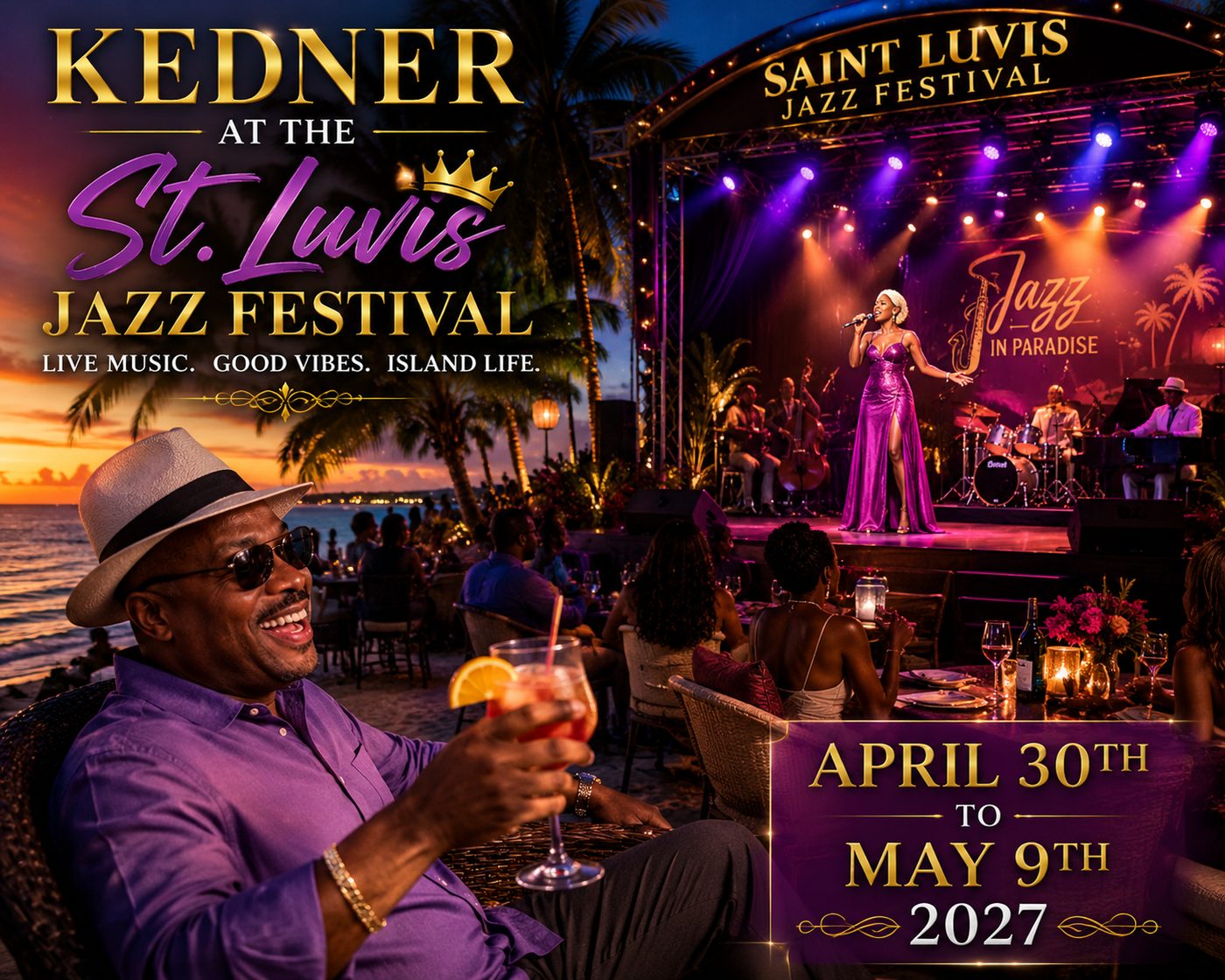 Promotional art of Kedner relaxing at the Saint Lucia Jazz Festival with a live stage performance behind him, April 30 – May 9, 2027.